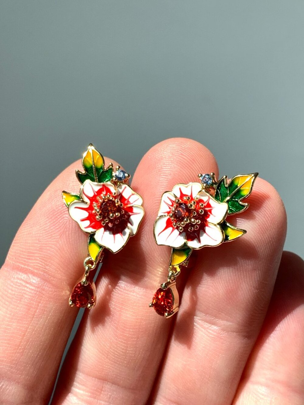 NEW ~ Anthropologie Enamel Flower Crystal Drop Lever Back Earrings - Picture 14 of 16